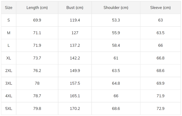 Bomber Jacket Size Chart centimeters